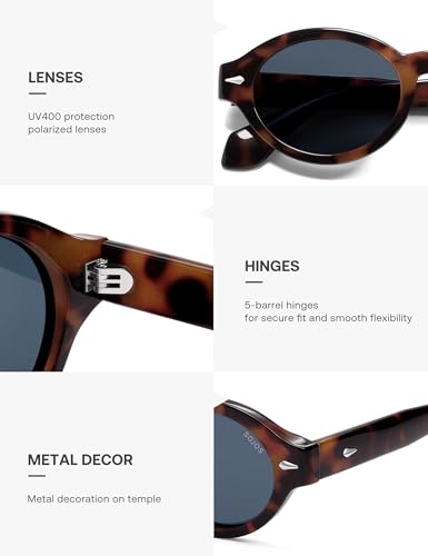 SOJOS Retro Oval Polarized Sunglasses for Women Men Chic Trendy 90s Sunnies Shades UV protection Sun Glasses SJ2630 - color: Tortoise Frame Grey Lens