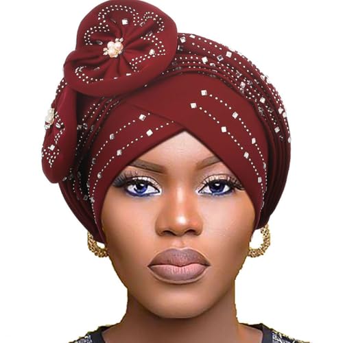 Woeoe Beanie Cap Head Wrap Black Rhinestones Head Scarf Flower Pearls Twisted Head Turban for Women Girls - color: Burgundy