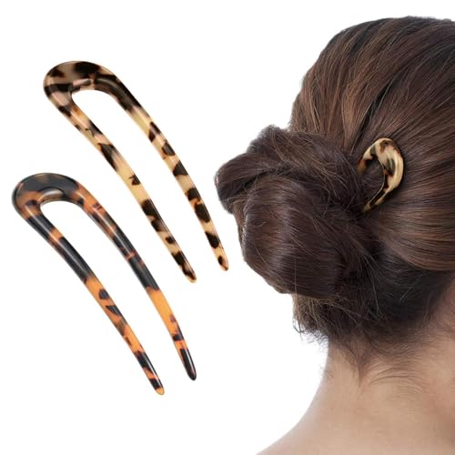 2 Pack Benefree French Style Cellulose Acetate Tortoise Shell U Shaped 4.7 inch Hair Pins Fork 2 Prong Updo Chignon Pin for Women Girls Hairstyle Accessories（Tortoiseshell and White Tortoiseshell) - color: Tortoiseshell&White Tortoiseshell