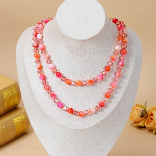Long Beaded Necklace for Women Boho Colorful Crystal Stone Knot Statement Fashion Costume Jewelry Gifts - color: Pink Peach