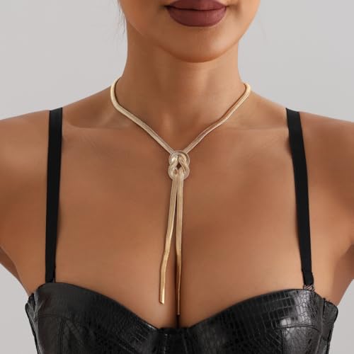PLOUTOS Chunky Gold Knot Choker Necklace for Women Adjustable Double Snake Chain Design Bold Statement Fashion Jewelry Accessory For Party Daily Wear Gift - color: Gold A