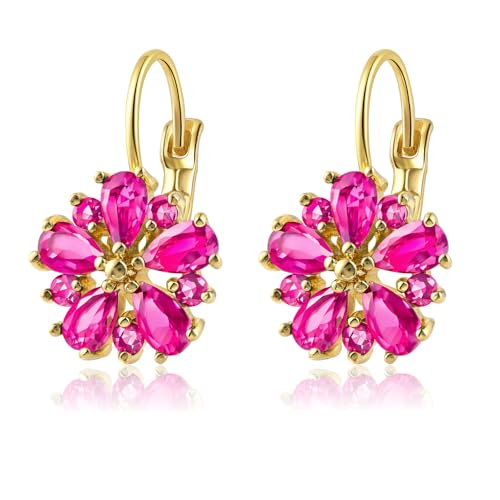 Vintage 14K Gold Plated Flower Birthstone Earrings - Hypoallergenic Leverback Floral Earrings, Trendy Jewelry Gifts for Women - color: Hot Pink