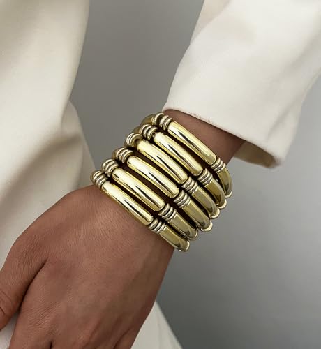 iF YOU 6pcs Chunky Acrylic Bangle Bracelets for Women, Resin Bamboo Brown Stretchy Bracelet Stack, Fashion Jewelry for Women - color: 6 Gold thin acrylic bracelets