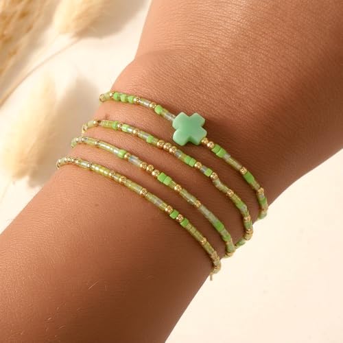 Gold Colorful Beaded Cross Bracelet Stack Set for Women,Handmade Bohemian Seed Beads Stacked Bracelets Fashion Holiday Jewelry Gift - color: Green
