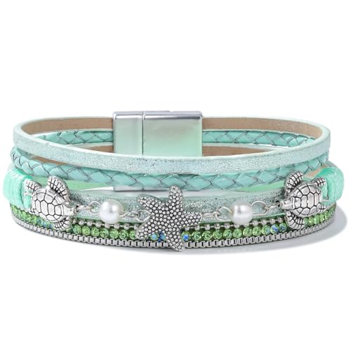 FANCY SHINY Turtle Starfish Leather Wrap Bracelet Boho Rhinestone Pearl Cuff Bracelets for Women Summer Beach Jewelry for Women - color: Green