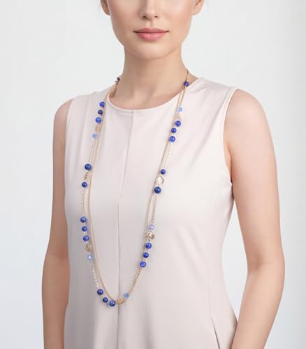 FULU AUTUMN Boho Gold Long Necklaces for Women Natural Stone Beaded Layered Long Necklace Mothers Day Gifts Dainty Flower Costume Jewelry for Women - color: Sapphire
