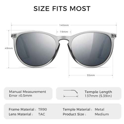 SUNGAIT Premium Vintage Round Sunglasses for Women Men Classic Retro Trendy Style - color: 09 Polarized Silver Mirrored Lens/Transparent Gray Frame