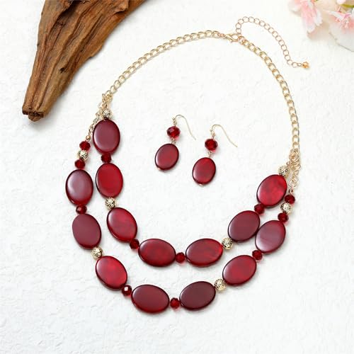 2 Layered Chunky Beaded Shell Necklace for Women Sea Shell blue/yellow/red/green/turquoise/teal/white Statement Necklace and Earring Set Elegant Women Necklace Set Jewelry Sets for Women - color: Burgundy