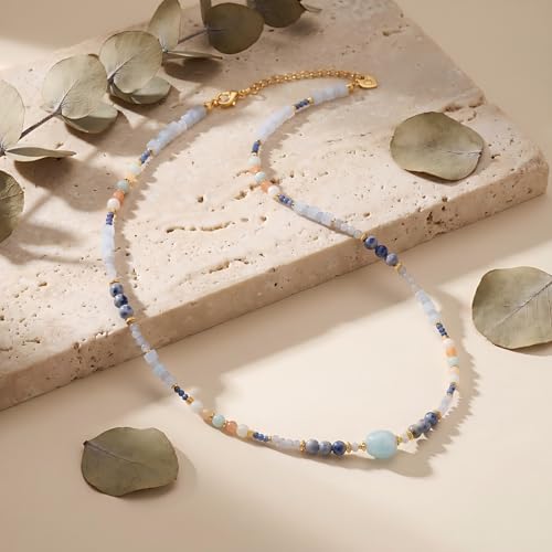 Harlermoon Beaded Necklace for Women, 18K Gold Plated Stainless Steel Natural Stone Crystal Boho Choker, Waterproof Hypoallergenic Jewelry Gift