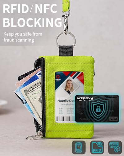 Artpaxy Minimalist Wallet For Mens Womens, Keychain RFID Blocking Zipper Small Wallet with ID Window 2 Lanyards,Water Resistant Travel Cash Card Coin Case Boys Girls - color: Neon green, style: Casual