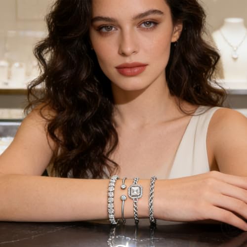 Alegend Titanium Steel (Not Rust, Resist Corruption, Easily Clean) 18K Gold Plated Single Bracelets + 14K Gold Plated Stackable Multilayer Bracelets - style: 14KSilver + 4PCS A