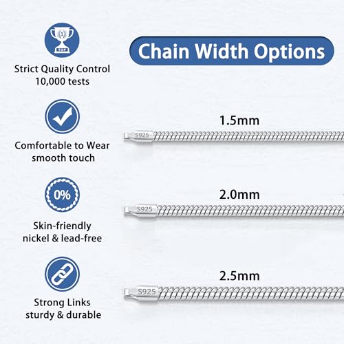 Jewlpire 1.5mm 2mm 2.5mm Snake Chain 18k Gold Plated 925 Sterling Silver Chain Necklace for Women, Smooth Sturdy Hypoallergenic, 16 18 20 22 24 Inch - color: 2.0mm Silver, size: 16 Inches (Women's Choker Length)