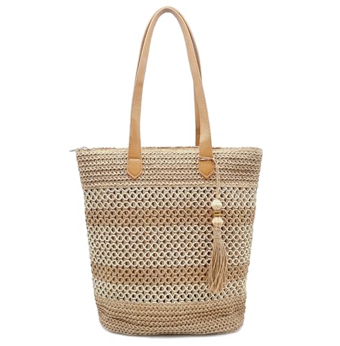 Aphoraeny Straw Beach Bag Buckets Totes Handbag Shoulder Tote Bag Straw Purse Summer Purse Women Summer Handbag - color: B-brown Stripes
