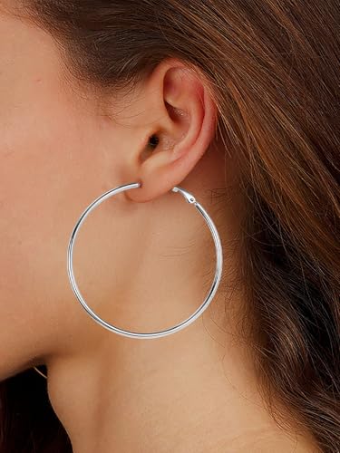 FOCALOOK 14K Gold Plated Lightweight Large Hoops| 2mm Thin Hoop Earrings for Women 30/40/50/70/100mm - color: 01.Silver, size: 60mm