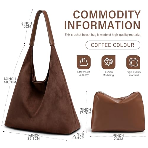 2-Piece Vegan Leather Purse Set for Women: Slouchy Hobo Shoulder Bag & Suede Tote Bag - color: Coffee