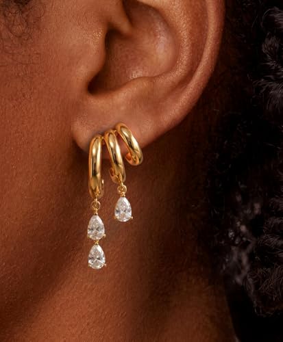 Triple Huggie Stacked Earrings for Women Gold Chain Drop Dangle Earrings Cute Statement CZ Earrings Trendy Dainty Jewelry Gift - color: Gold 4