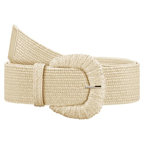 Straw Woven Elastic Belt for Women, Boho Braided Raffia Waist Belt, Stretch Rattan Belt for Summer Dresses - color: D Ring Buckle-beige, size: XL: Fit waist size up to 45"