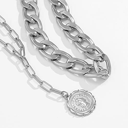 JWICOS Dainty Layered Silver Women's Cuban Chain Necklace Bohemian Coin Pendant Link Chunky Necklace for Women (Silver) - color: Silver