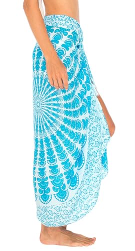 SHU-SHI Sarong Wraps for Women Long Beach Cover ups Pareo Bathing Suit Wrap Skirt Mandala Sarongs Coverup - color: Turquoise/White