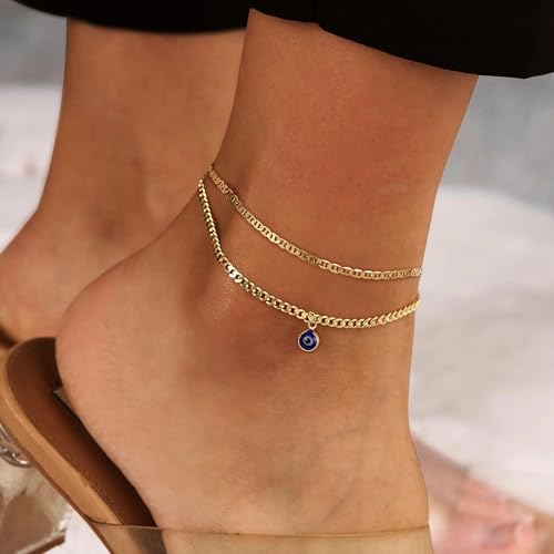 Ritach Ankle Bracelets for Women - Silver/Gold Plated Stainless Steel Anklets for Women Waterproof Layered Cuban Link Figaro Chain Heart Anklets Set Summer Beach Jewelry Gifts - color: Gold-Layered Evil Eye Anklet