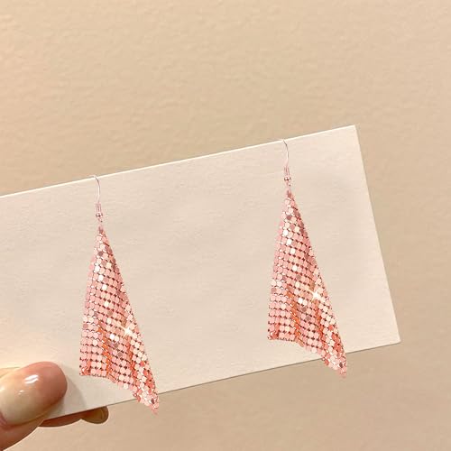 Sequin Earrings for Women Metal Mesh Grid Sequins Tassel Long Drop Dangle Earrings Trendy Charms Bridal Wedding Jewelry - color: Rose God
