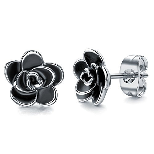 AllenCOCO Rose Flower Stud Earrings for Women Sensitive Ears, Hypoallergenic Cute Gold And Silver Rose Flower Earrings Studs for Women Nickel Free - color: Black flower/White gold, size: 0.35
