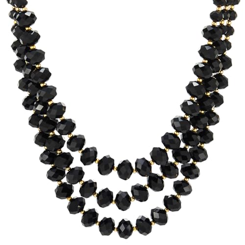 COOLSTEELANDBEYOND Crystal Beads Statement Necklace, Three-strand Layered Necklace, Waterfall - color: D-Color: Black & Gold