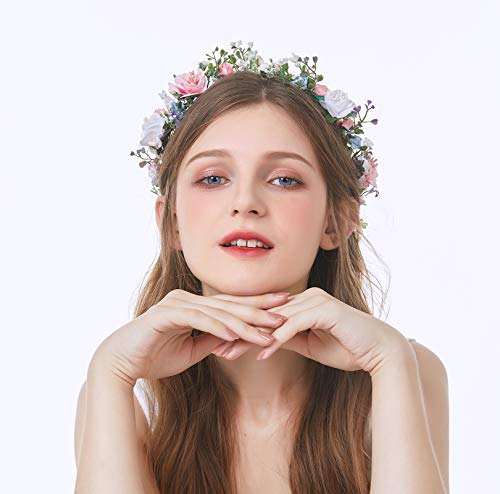 Vivivalue Bridal Floral Headband Rose Flower Crown Hair Wreath Floral Headpiece Halo Boho with Ribbon Wedding Party Photos - color: 52