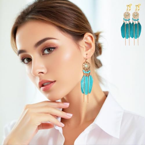 Clip on Tassel Dangle Earrings for Boho Women, Non Pierced, Colorful Feather Handmade Beads Fashion Vintage Fringe Jewelry for Parties Weddings Festivals Trendy Statement Earrings for Bohemian - color: Blue A
