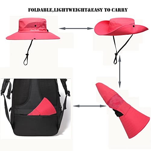Womens Summer Sun Hat Beach Hat Wide Brim Outdoor UV Protection Hat Foldable Cool Mesh Ponytail Bucket Hat - color: Watermelon Red)