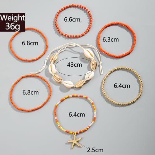 Mermaid Starfish Anklet Bracelets for Women Bohemian Beaded Anklet Adjustable Rice Bead Anklets Bracelet Handmade Woven Hawaiian Beach Seashell Pearls Waterproof Anklets Summer Beach Mermaid Jewelry - color: Orange