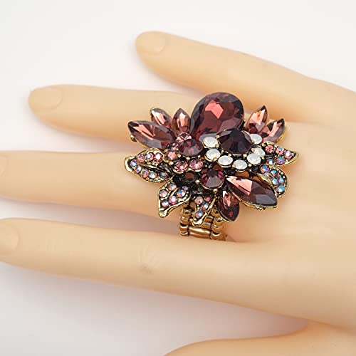 CSY Luxury Women's Austrian Crystal Leaves Flower Big Cocktail Statement Rings Stretch Adjustable Ring Jewelry Accessories - color: Purple