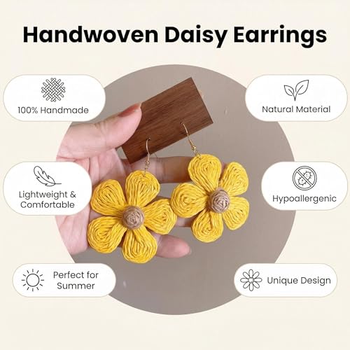 Woven Raffia Rattan Earrings for Women, Boho Flower Hoop & Drop Dangle Earrings Collection, Handmade Summer Beach Vacation Statement Earrings for Party Daily Wear - color: Yellow Flower Drop