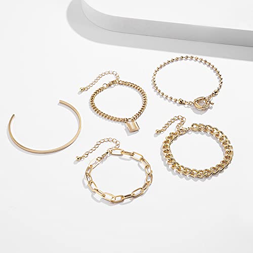 Boho Fashion Dainty Boho Gold Silver Chain Stackable Lock Bracelets Set for Women Adjustable Beaded Chunky Flat Cable Chain Punk Bracelets Jewelry for Women Gift Set of 5 - color: Gold