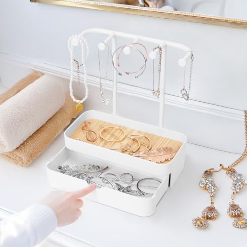Jewelry Organizer Stand, 2-Tier Necklaces Holder with Wooden Tray and 5 Storage Hooks, Earring Holder with 5 Pcs Jewelry Bags for Bracelet,Chains,Rings,Earrings,Keys Watches (White) - color: Upgraded White