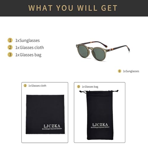LJCZKA Round Polarized Sunglasses for Men Women Retro Small Face Sunglasses Polarized Vintage Sun Glasses UV400 Protection - color: Olive Green Hawksbill Green
