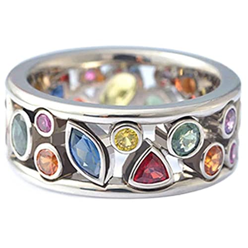 Vintage 925 Sterling Silver Multicolored Crystal Ring AAA Cubic Zirconia Boho Statement Band Ring for Women, Geometrical Gemstone Eternity Ring Cocktail Party Ring - color: Size-9