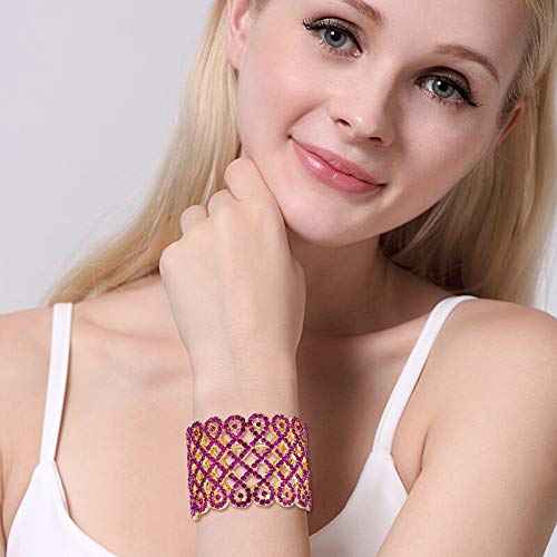 EVER FAITH Art Deco Love Knot Wide Stretch Bridal Bracelet Austrian Crystal - color: Fuchsia Gold-Tone