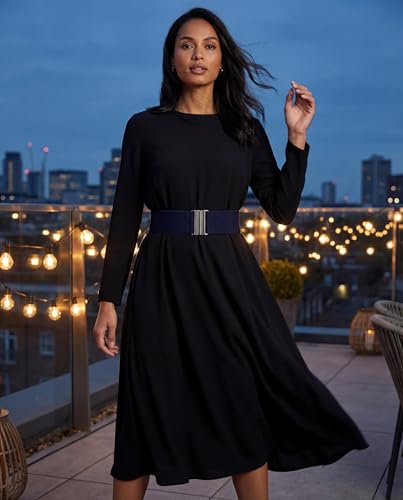 BlackButterfly Wide Elastic Waist Cinch Stretch Waistband Retro Vertical Clasp Buckle Belt - color: Midnight Blue, size: X-Large