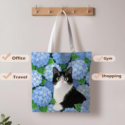 Preppy Animal Tote Bag, Pet Canvas Tote Bag, Reusable Grocery Shopping Shoulder Bags - color: Floral Cat