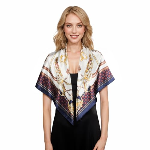 RIIQIICHY Head Scarf for Women Like Silk Scarf Hair Scarf Printed Square Scarf Bandanas for Women 35 Inches - color: Navy/Gold