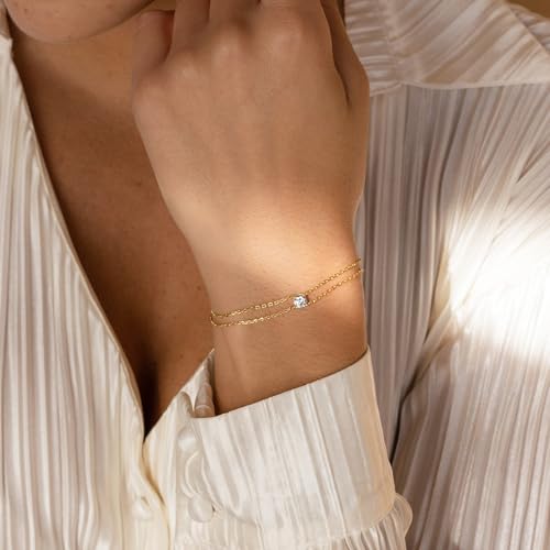 SLOONG Gold Pearl Bracelets for Women Trendy, 14K Gold Plated Dainty Stackable Layered Chain Bridesmaid Bracelets, Waterproof Wedding Jewelry for Women Adjustable 6"+2" - color: Style5(CZ)