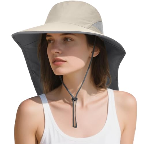 Womens Sun Hat Wide Brim UPF50+ Outdoor Sun Protection Ladies Fishing Hat with Neck Flap Detachable Face Cover - color: Khaki