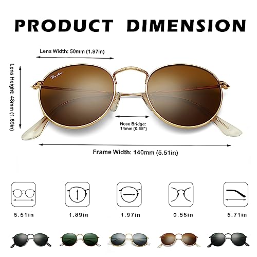 Pro Acme Polarized Round Sunglasses for Women Men Classic Retro Circle Metal Sun Glasses 50mm - color: E Gold Frame Brown Lens