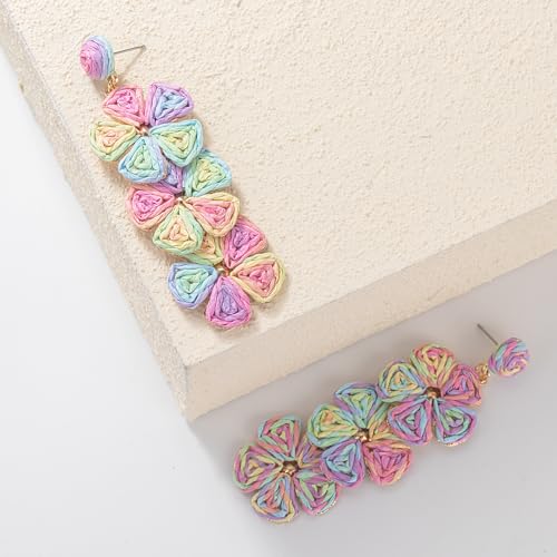 Boho Flower Earrings Statement Raffia Dangle Earrings Cute Floral Jewelry Trendy Summer Beach Vacation Outfits for Women - color: Colorful-2