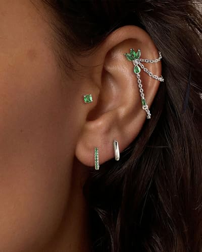 7Pcs Earring Stacks Cartilage Helix Flat Back Hoop Set For Women Stud Small Huggie Chain Multiple Piercing 14K Gold Plated Jewelry Triple Cubic Zirconia - color: Silver (Emerald), size: Butterfly