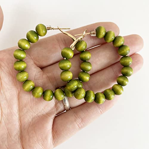Handmade Nature Wooden Beaded Hoop Earrings Bohemian Minimalist Colorful Circle Round Wood Bead Earrings Vintage Chic Wooden Ethnic Dangle Drop Earrings for Women Statement Jewelry Gifts - color: Olive green