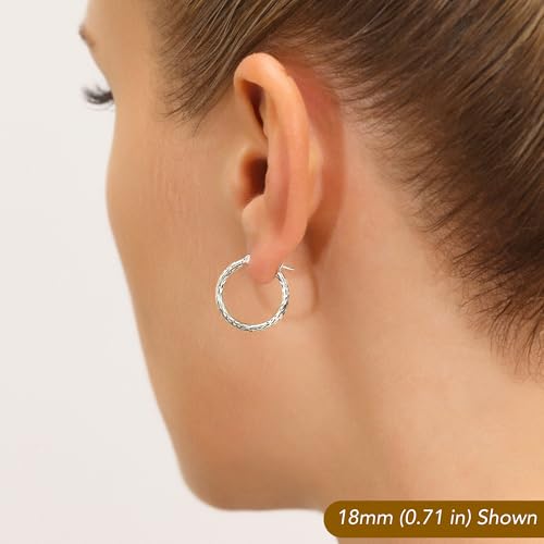 10K White Gold Hand Engraved Full Diamond-cut Round Hoop Earrings, Secure Latch Back Closure - style: 18mm