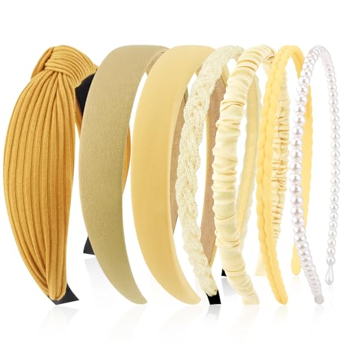 VELSCRUN Headbands for Women 7 Pcs Different Yellow Fashion Knotted Solid Head Bands Pearl Headband Non Slip Hair Band for Womens Gilrs Thin Thick Short Hair Face Wash Hair Accessories - color: Gold Yellow
