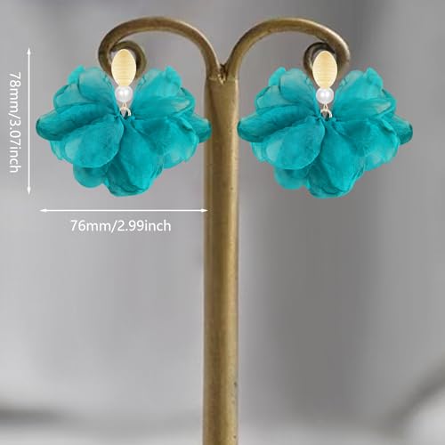 Handmade Fabric Flower Petal Fringe Dangle Drop Earrings Bohemian Floral Tassel Stud Earrings For Women - color: Blue Green